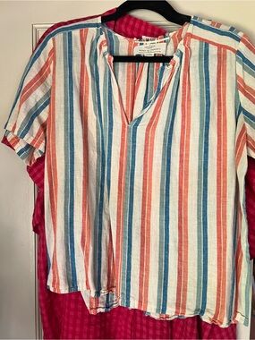 Women’s Striped Short Sleeve V-Neck Blouse - Blue, Coral & Cream